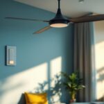 A photograph of a modern ceiling fan with an integrated wall control switch in a stylishly lit room