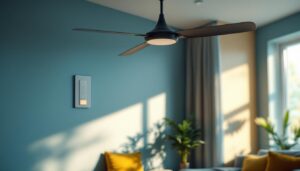 A photograph of a modern ceiling fan with an integrated wall control switch in a stylishly lit room