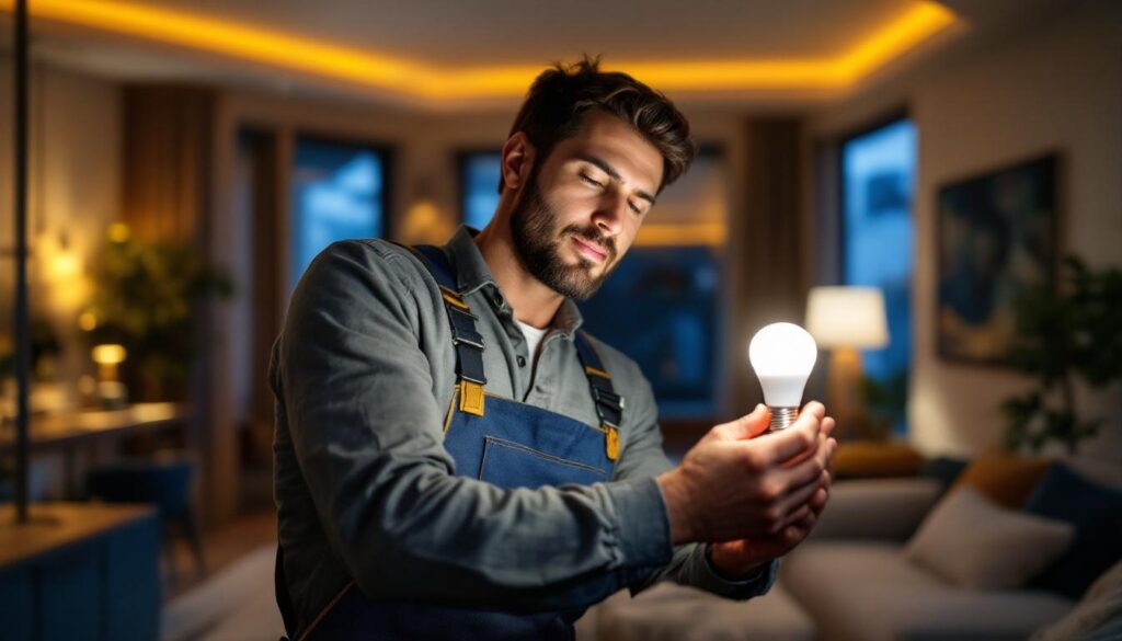 A photograph of a skilled lighting contractor installing or adjusting a general electric smart bulb in a modern residential setting