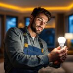 A photograph of a skilled lighting contractor installing or adjusting a general electric smart bulb in a modern residential setting