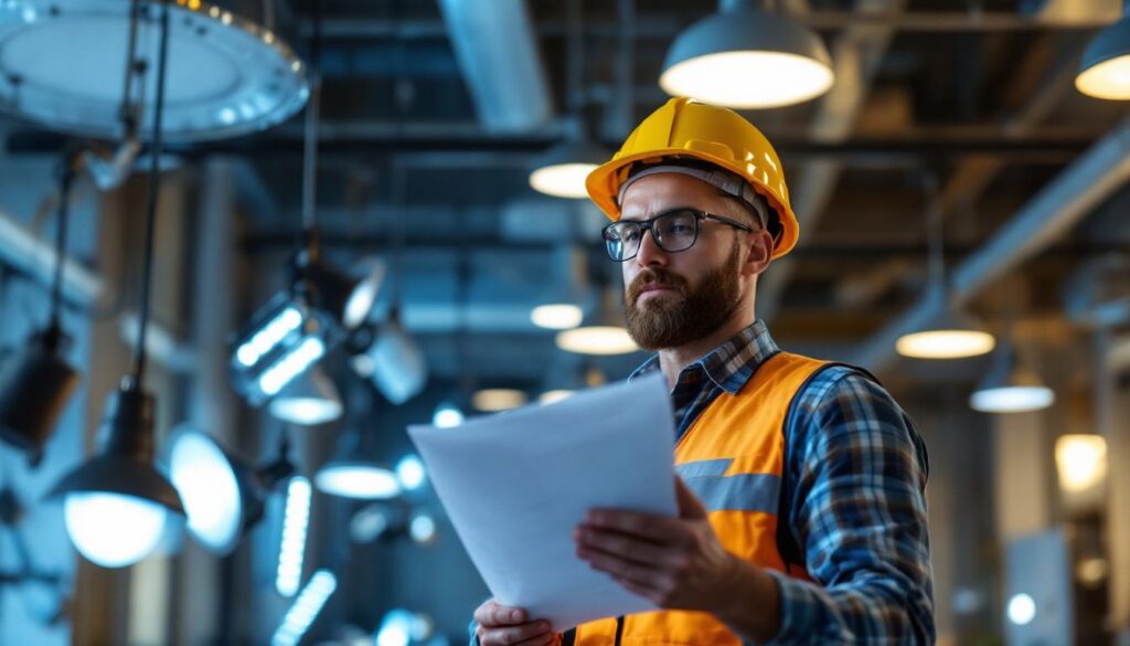 A photograph of a lighting contractor inspecting a well-lit space