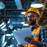 A photograph of a lighting contractor inspecting a well-lit space