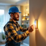 A photograph of a professional lighting contractor installing a sleek
