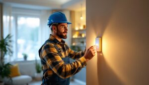 A photograph of a professional lighting contractor installing a sleek