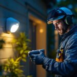 A photograph of a lighting contractor installing a motion sensor led outdoor light in a residential setting