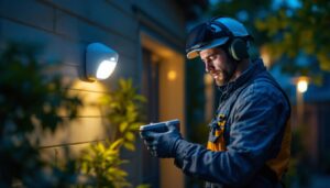 A photograph of a lighting contractor installing a motion sensor led outdoor light in a residential setting