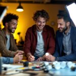 A photograph of a diverse team of professionals engaged in a hands-on lighting training session