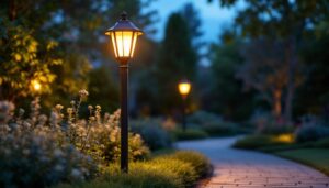 A photograph of a beautifully designed exterior post lamp illuminating a well-landscaped garden or pathway at dusk