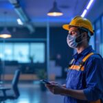 A photograph of a lighting contractor in action