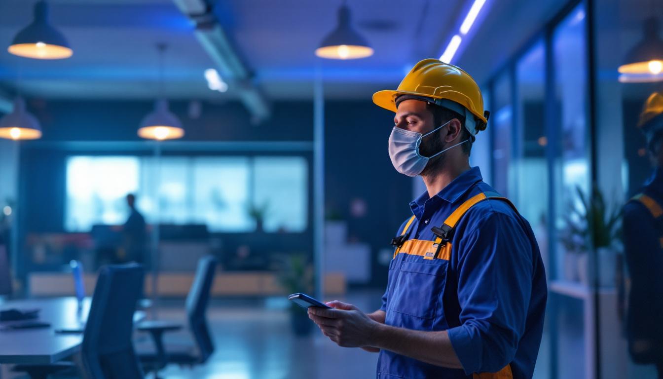 A photograph of a lighting contractor in action