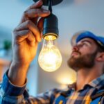 A photograph of a lighting contractor expertly installing led light bulbs in a modern residential or commercial setting