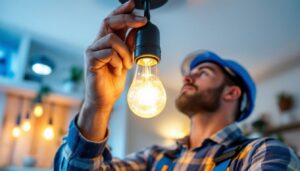 A photograph of a lighting contractor expertly installing led light bulbs in a modern residential or commercial setting