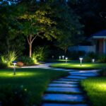 A photograph of a beautifully illuminated outdoor space featuring a variety of yard flood lights in use