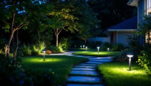 A photograph of a beautifully illuminated outdoor space featuring a variety of yard flood lights in use