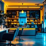 A photograph of a stylish hair salon interior featuring a mix of natural and artificial lighting that highlights the vibrant colors of hair products and the stylist's work area