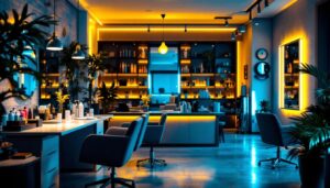 A photograph of a stylish hair salon interior featuring a mix of natural and artificial lighting that highlights the vibrant colors of hair products and the stylist's work area