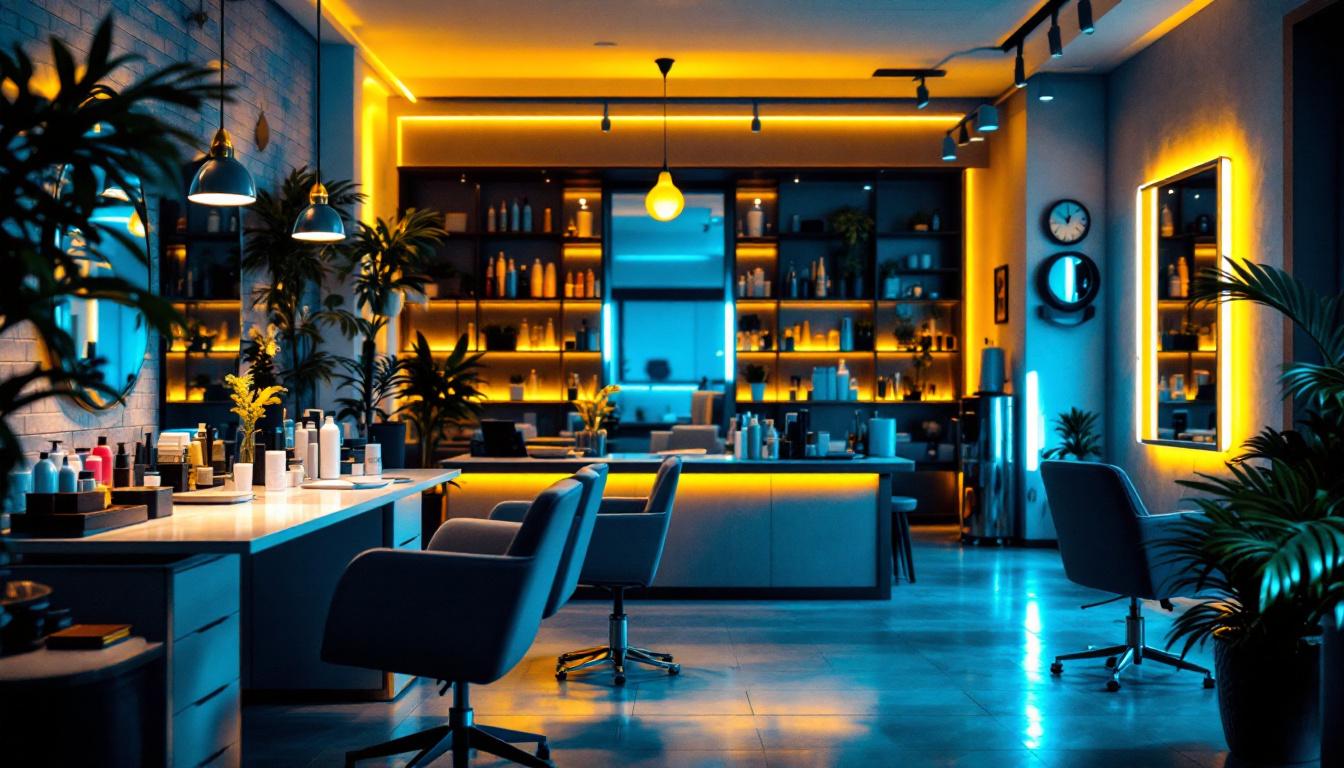 A photograph of a stylish hair salon interior featuring a mix of natural and artificial lighting that highlights the vibrant colors of hair products and the stylist's work area