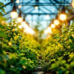 A photograph of a well-lit indoor garden or greenhouse featuring vibrant plants under string grow lights