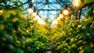 A photograph of a well-lit indoor garden or greenhouse featuring vibrant plants under string grow lights