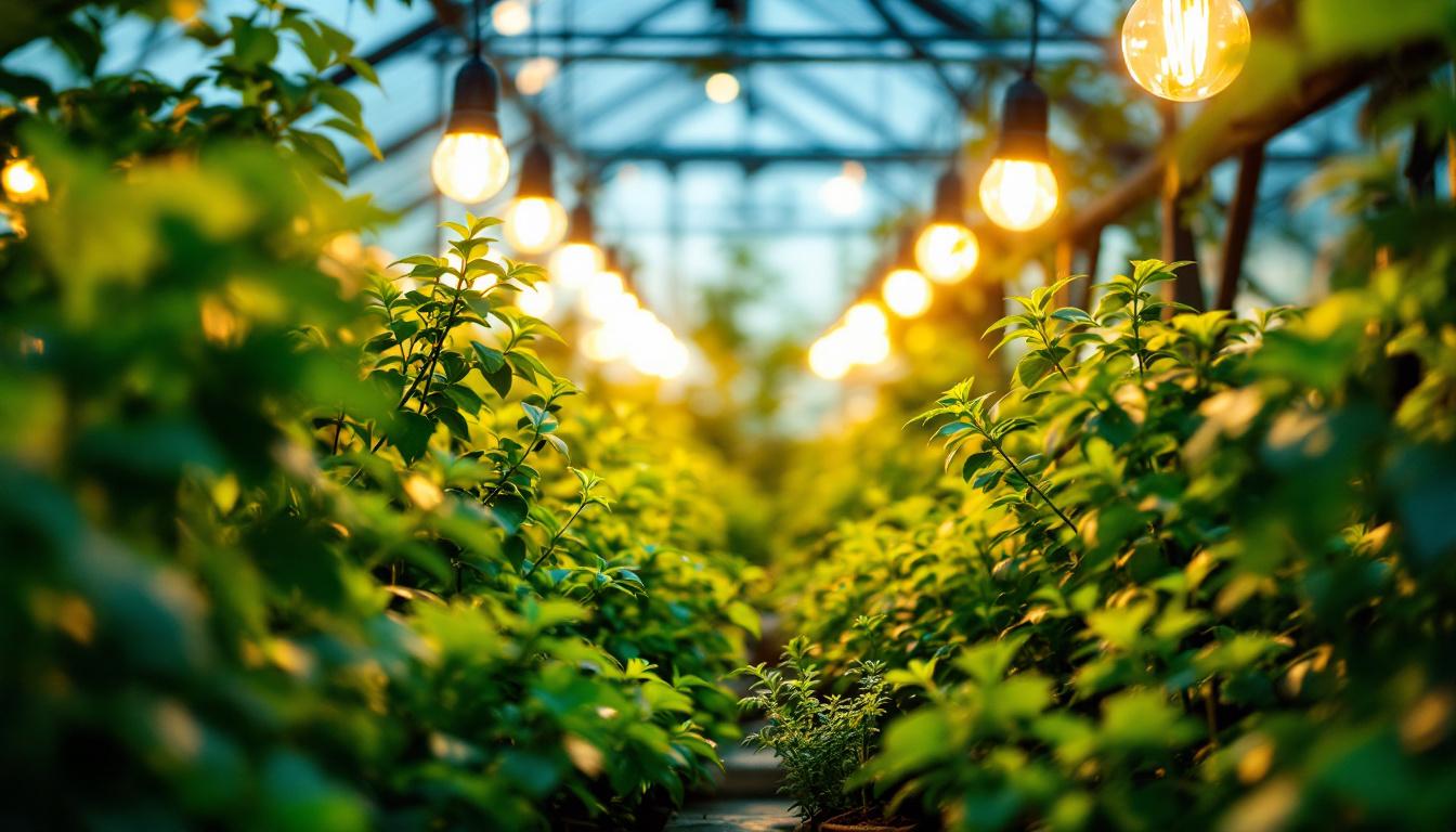 A photograph of a well-lit indoor garden or greenhouse featuring vibrant plants under string grow lights
