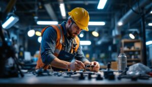 A photograph of a lighting contractor efficiently using the l connector in a well-lit workspace