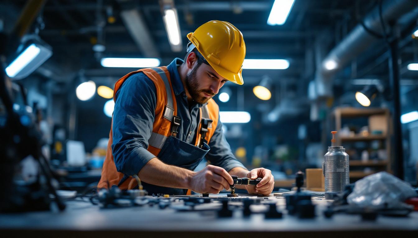 A photograph of a lighting contractor efficiently using the l connector in a well-lit workspace