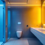 A photograph of a well-lit modern washroom featuring stylish led lights