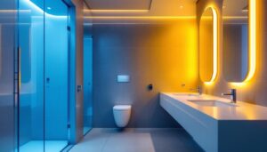 A photograph of a well-lit modern washroom featuring stylish led lights