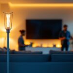 A photograph of a stylish indoor lamp post lamp in a modern living space