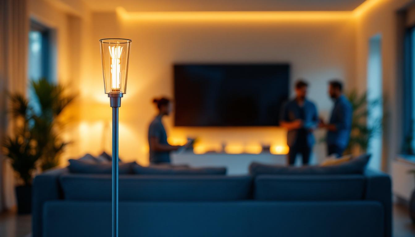A photograph of a stylish indoor lamp post lamp in a modern living space