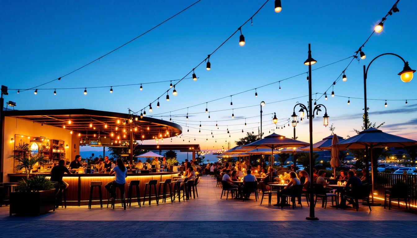 A photograph of a beautifully illuminated outdoor bar setting at dusk