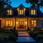 A photograph of a beautifully lit house exterior at dusk