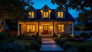 A photograph of a beautifully lit house exterior at dusk