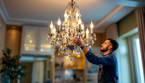 A photograph of a beautifully designed chandelier in a well-lit room