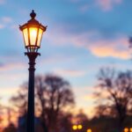 A photograph of a beautifully illuminated lamp post in an urban setting at dusk