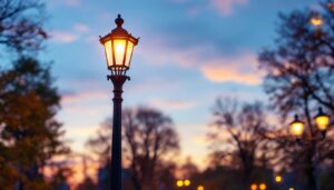 A photograph of a beautifully illuminated lamp post in an urban setting at dusk