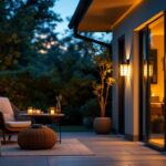 A photograph of a beautifully lit outdoor space featuring stylish solar wall sconces illuminating a cozy patio or garden area during twilight