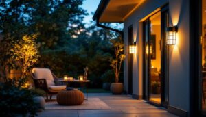 A photograph of a beautifully lit outdoor space featuring stylish solar wall sconces illuminating a cozy patio or garden area during twilight
