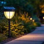 A photograph of a beautifully illuminated solar walkway light in a landscaped outdoor setting during twilight