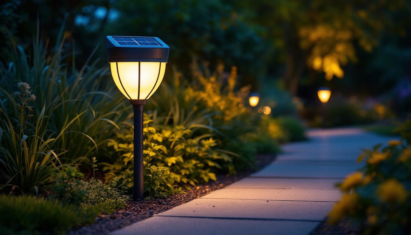 A photograph of a beautifully illuminated solar walkway light in a landscaped outdoor setting during twilight