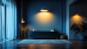 A photograph of a beautifully lit interior space showcasing various lighting fixtures in use