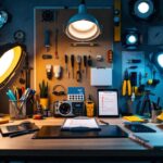 A photograph of a well-organized workspace at a lighting contractor's office