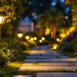 A photograph of a well-lit outdoor scene featuring solar-powered stick-on lights installed in various settings