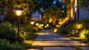 A photograph of a well-lit outdoor scene featuring solar-powered stick-on lights installed in various settings