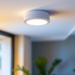 A photograph of a ceiling mount motion sensor installed in a well-lit room