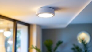 A photograph of a ceiling mount motion sensor installed in a well-lit room