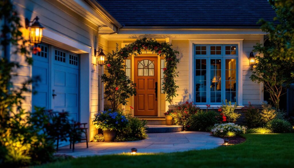 A photograph of a beautifully illuminated outdoor space showcasing various styles of home exterior lighting
