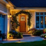 A photograph of a beautifully illuminated outdoor space showcasing various styles of home exterior lighting