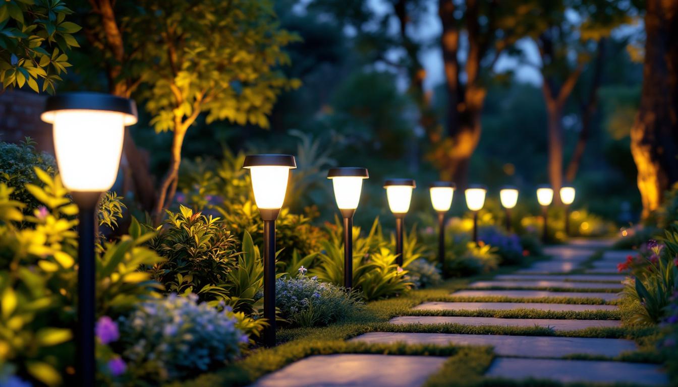 A photograph of a beautifully illuminated garden scene at dusk