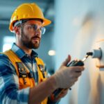 A photograph of a lighting contractor inspecting a 15 amp receptacle installation